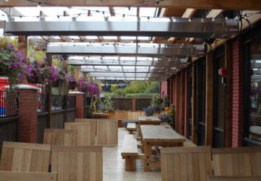 restaurant-patio-heaters-mounted-under-pergola-with-accessory-lighting